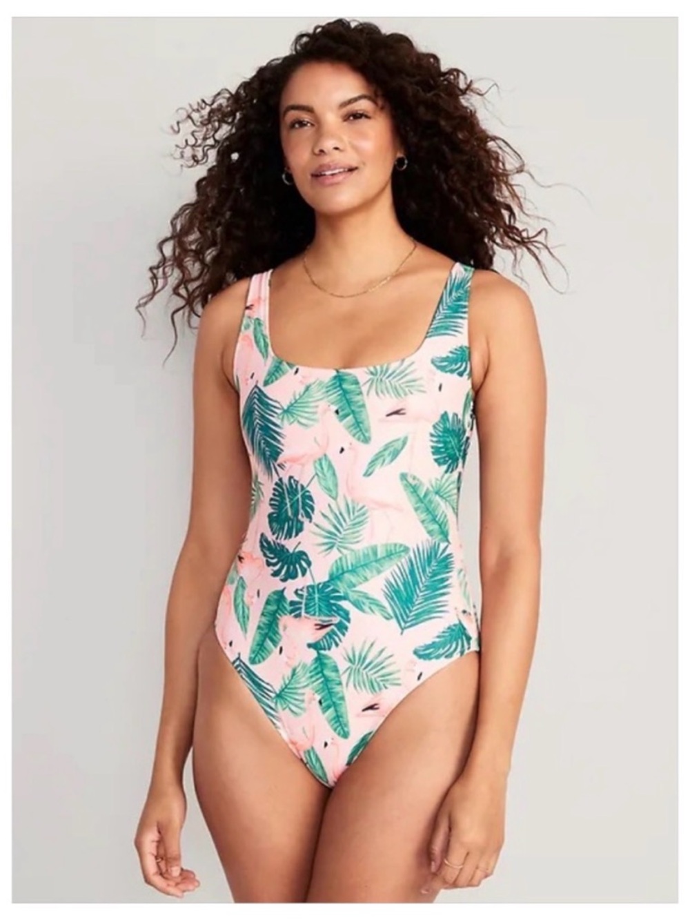 NEW Old Navy Twist Back Pink Flamingo Tropical Print One Piece Swimsuit